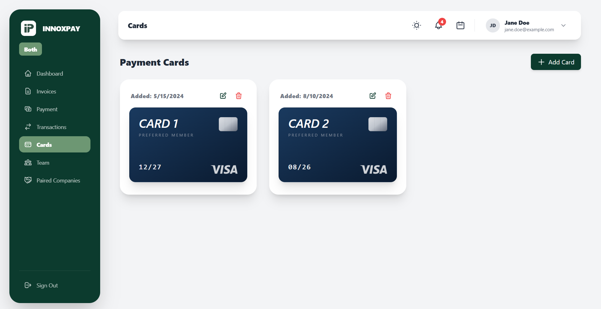 Card Management Screenshot
